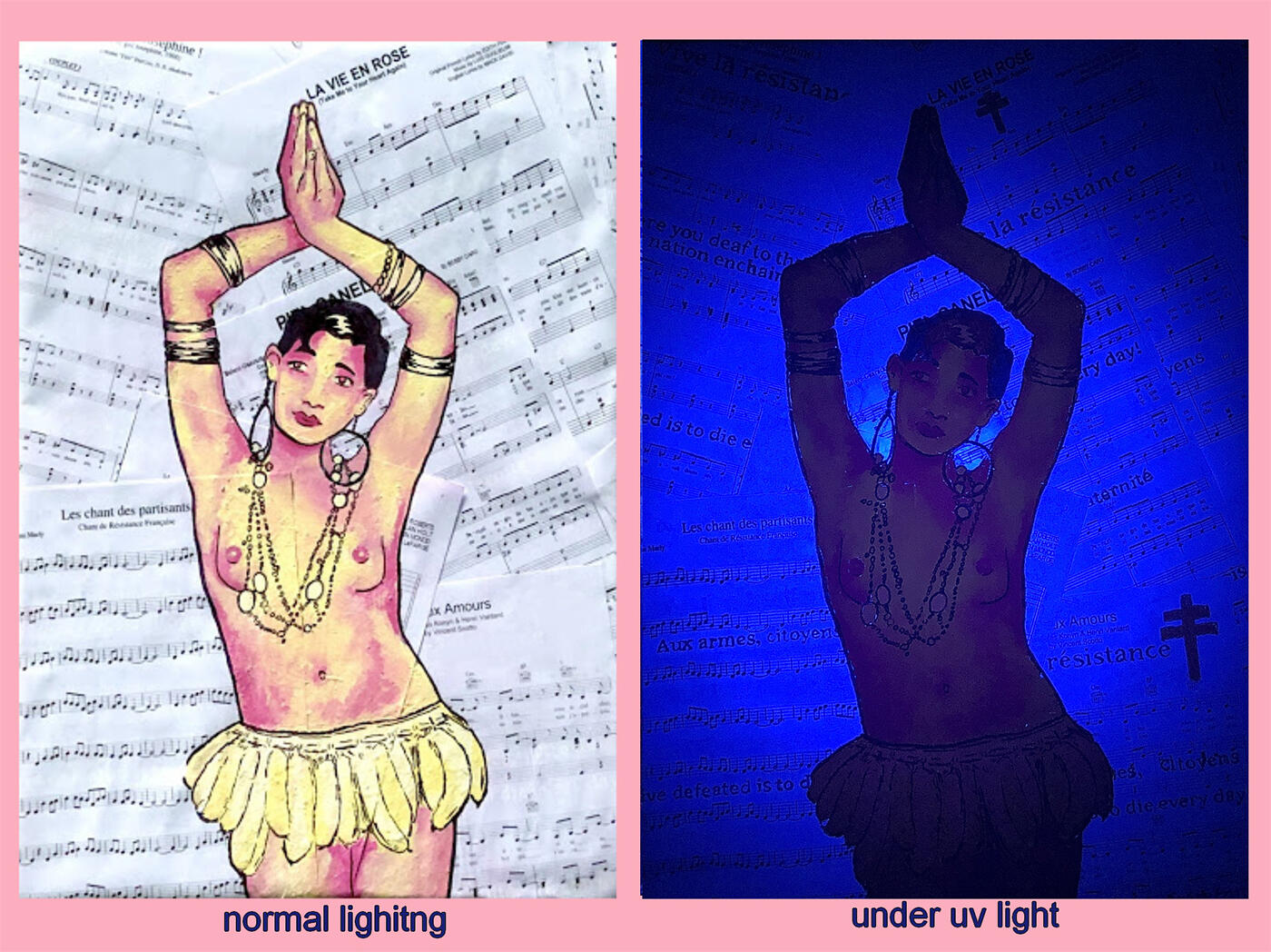 spying starlet - sheet music, acrylic paint, pen, a banana peel, blacklight