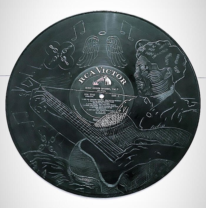 godmother of rock and roll - scratchboard tools and an Elvis vinyl