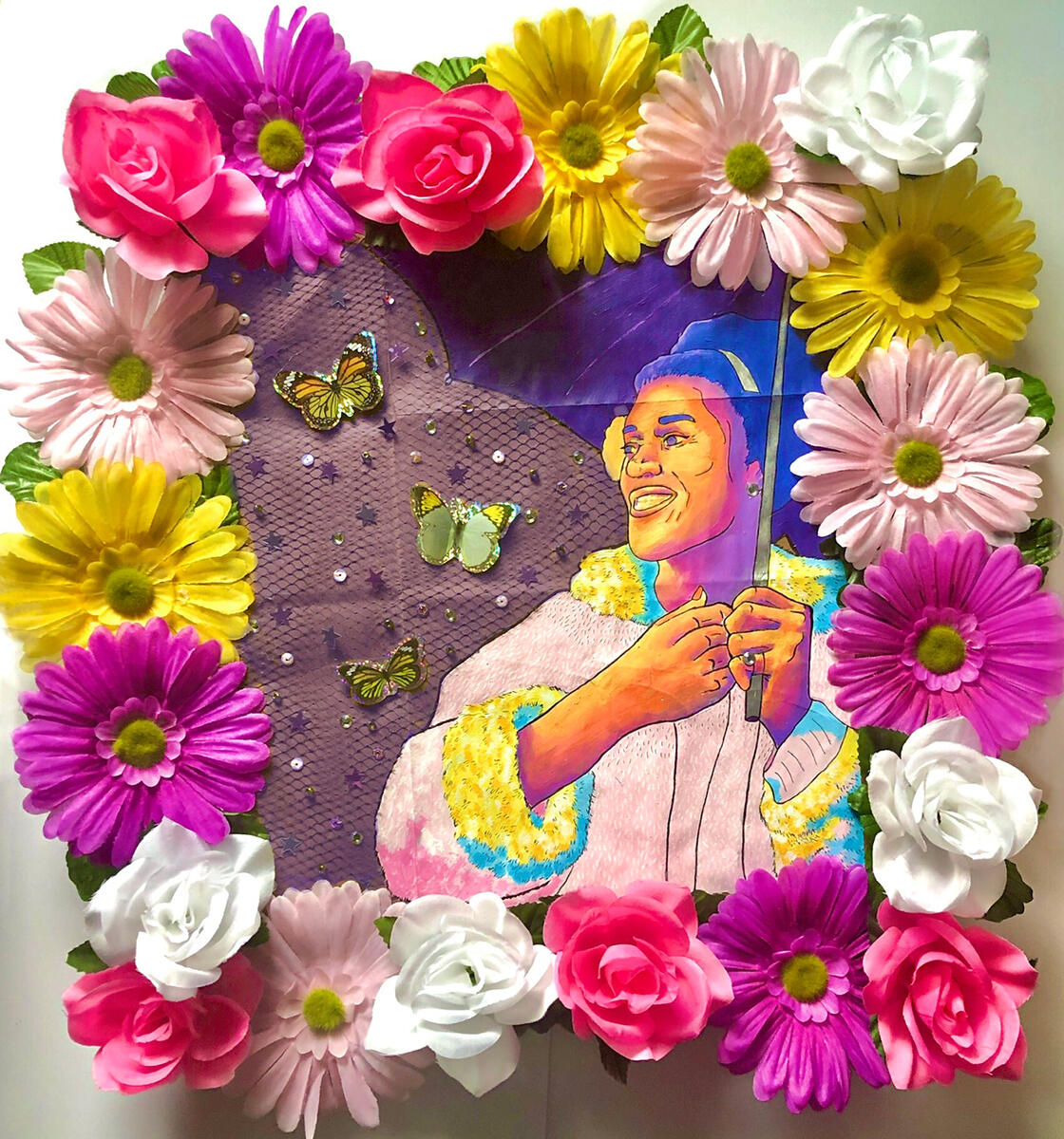 pay it no mind - paper bag, acrylic paint, pen, sequins, confetti, stickers, beads, gems, netting, fake flowers